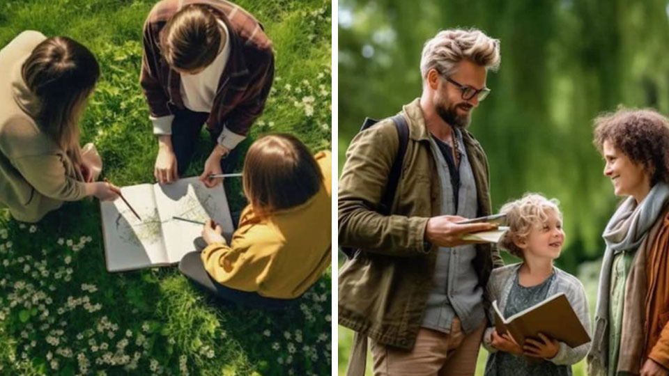 Gruppe løser gåder med notesbog og kort under Mystery Walking i Ørstedsparken.